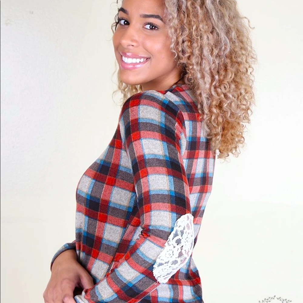 Rust Plaid Sweater w/ Lace Elbows